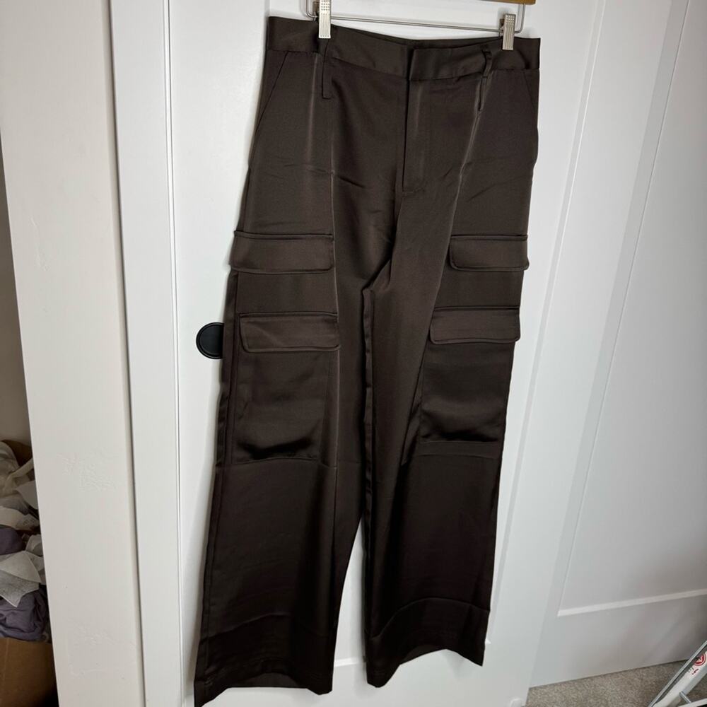 The Noli Shop Milan Satin Dark Brown Cargo Wide Leg Pants Size 12 - Picture 2 of 6